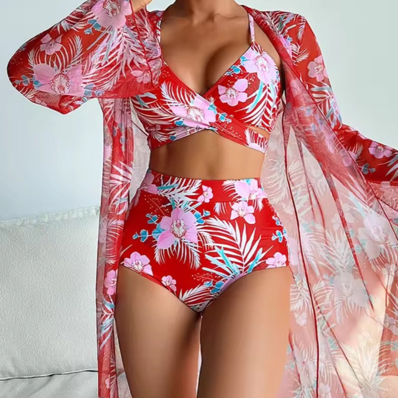 Val Floral Printed High Waist Bikini Set & Cover Up