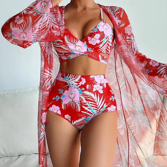 Val Floral Printed High Waist Bikini Set & Cover Up