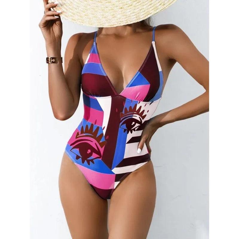 Lara Elegant Graphic Print V Neck One Piece Swimsuit-Gisela Vecchi