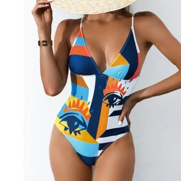 Lara Elegant Graphic Print V Neck One Piece Swimsuit - Gisela Vecchi