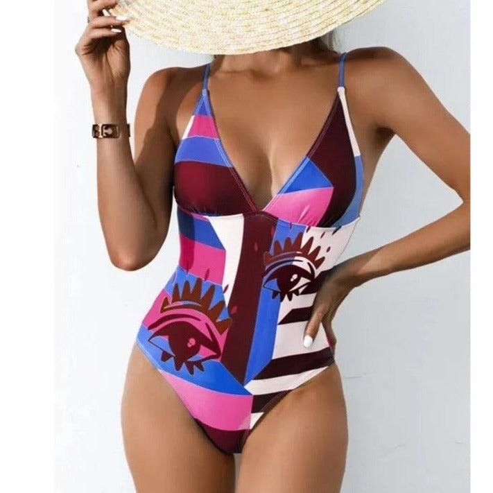 Lara Elegant Graphic Print V Neck One Piece Swimsuit - Gisela Vecchi